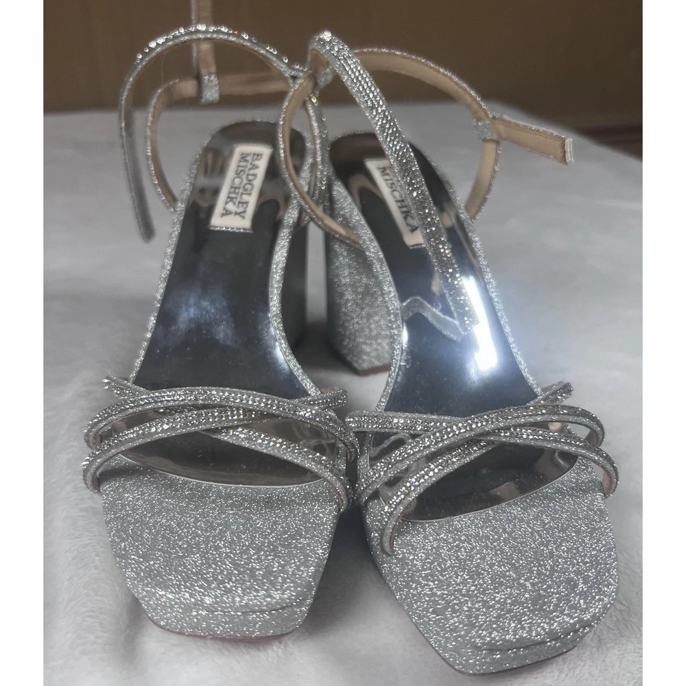 Badgley Mischka Sandals Womens Size 6 Silver Rhinestone Strappy Block Heel Shoes